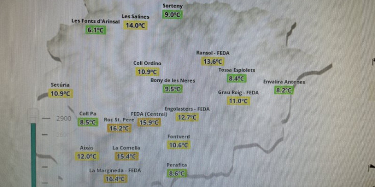 Mapa d'altitud amb les temperatures actuals de cada zona.