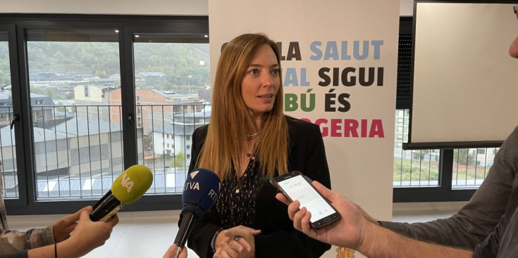 La ministra de Salut, Helena Mas, aquesta tarda atenent als mitjans als pisos de suport del Solà d'Enclar.