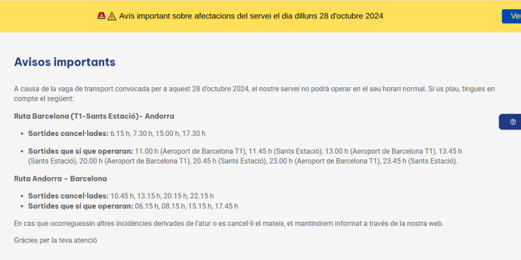 Missatge de la companyia Directbus a la seva pàgina web.