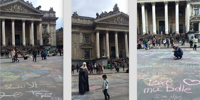 Tres escenes captades per una veïna de Brussel·les ahir a la tarda a la place de la Bourse, on la gent escrivia missatges de pau a terra.
