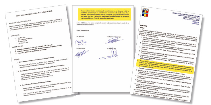 A l’esquerra i al centre, les dues pàgines de l’acta dels membres de la Junta Electoral i en groc, el no a la llista de Perera. A la dreta, l’article 5 dels estatuts de la FAN amb el paràgraf 6 que parla de les nacionalitats.