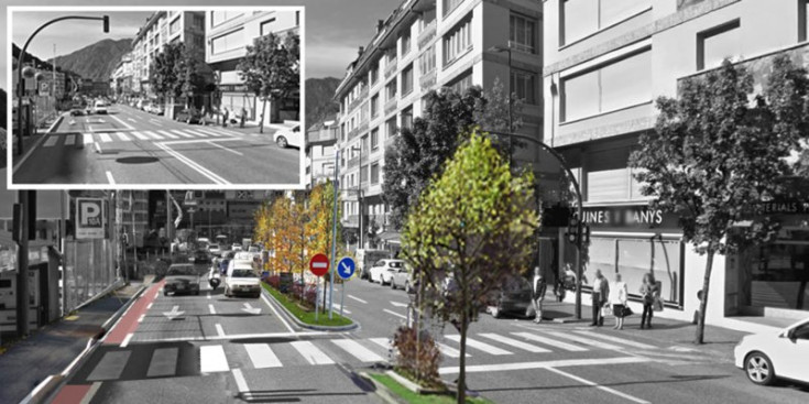 A dalt, a l’esquerra, imatge de l’actual avinguda Tarragona. En gran, la previsió feta pel comú de la futura via d’Andorra la Vella.